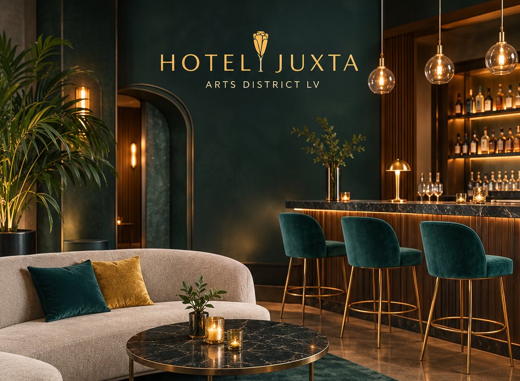 Hotel Juxta lounge with gold tulip logo on emerald wall