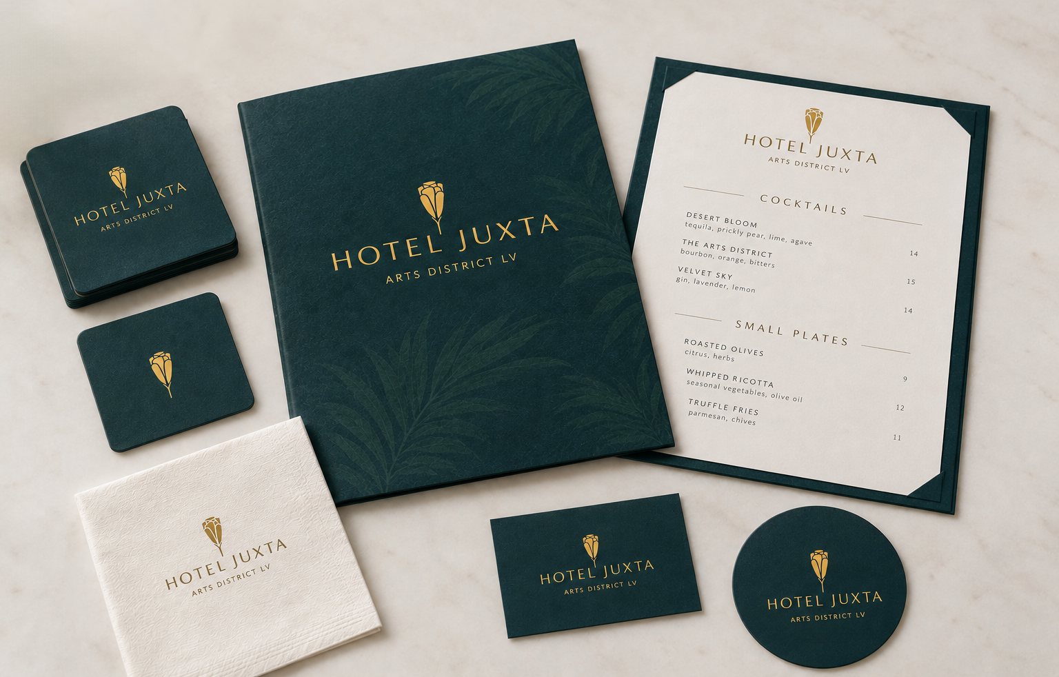 Hotel Juxta menus, coasters, napkin, and business card in emerald and gold