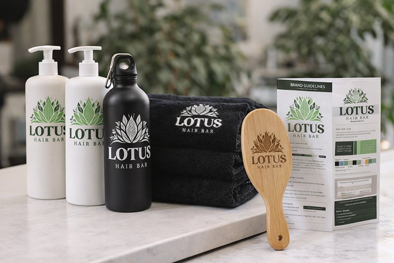 Lotus Hair Bar branded salon products and brand guidelines
