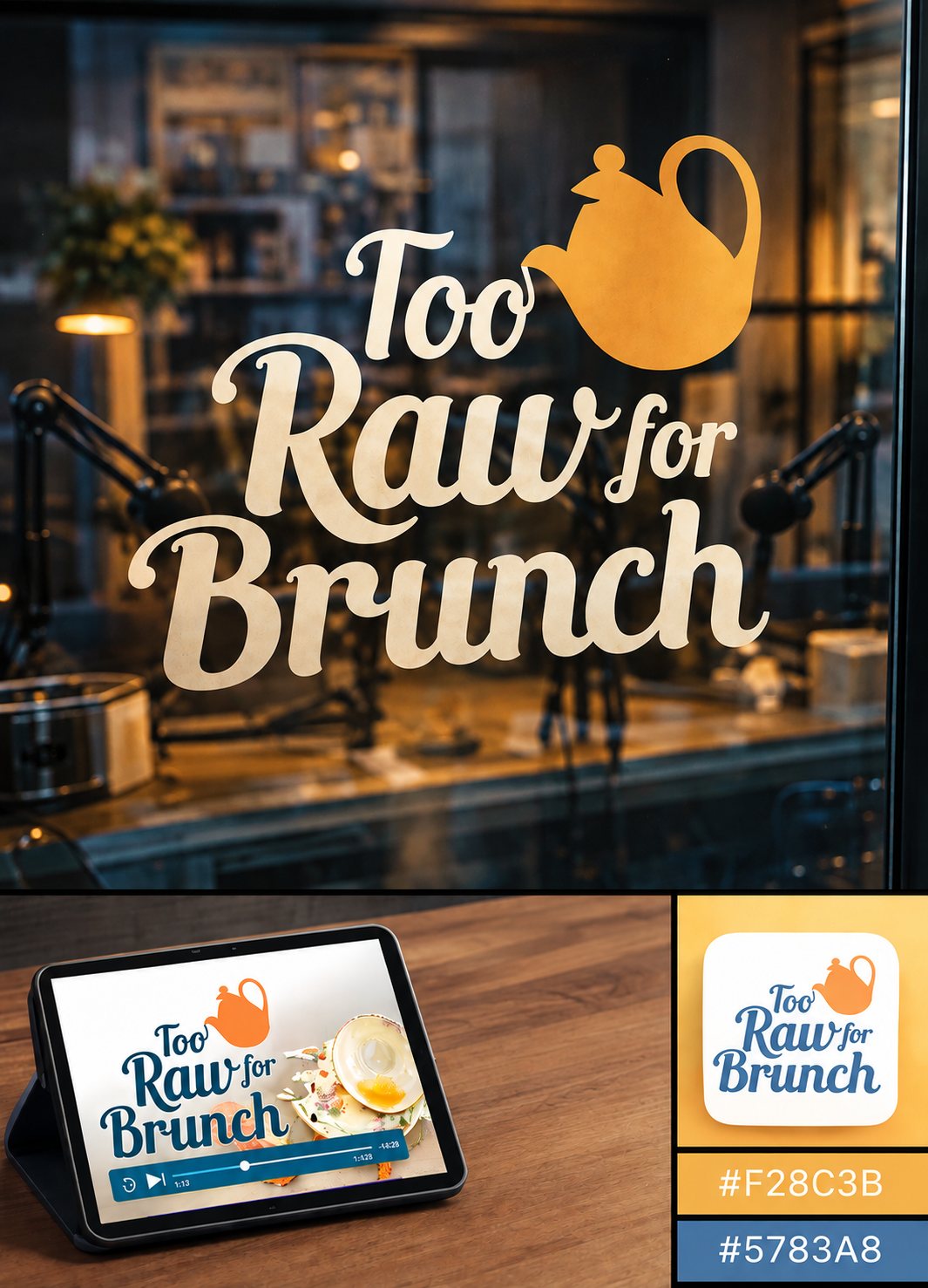Too Raw for Brunch logo on a studio window, video player, and app icon
