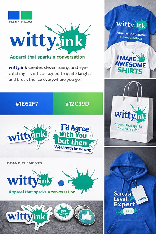witty.ink logo, colors, and branded apparel